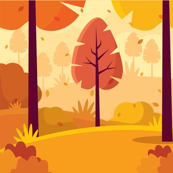 Autumn park with benches, trees, and street lamps, vector