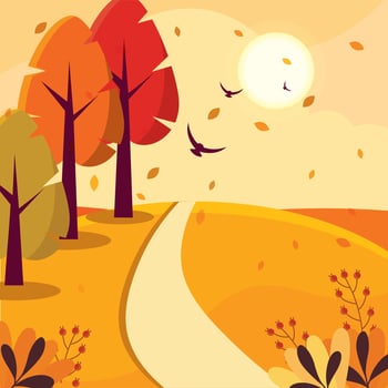 Autumn path with trees and flying birds at sunset, vector