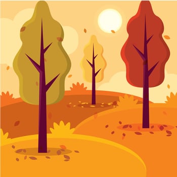 Autumn landscape with colorful trees and sunny skies, vector