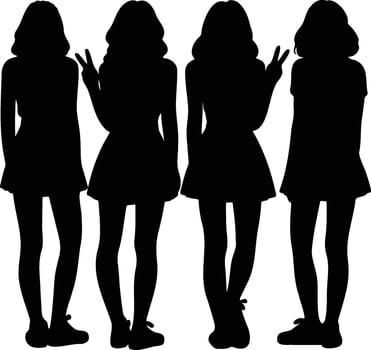 Group of Girls in Silhouette wearing mini skirt in action pose. illustration of female silhouettes vector