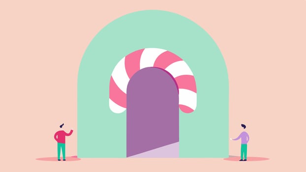 Wavy Light Portal A wavyshaped softedged portal glimmering in pastel colors. Shoppers of all ages are stepping through with one child holding a giant candy cane as a playful prop.. vector