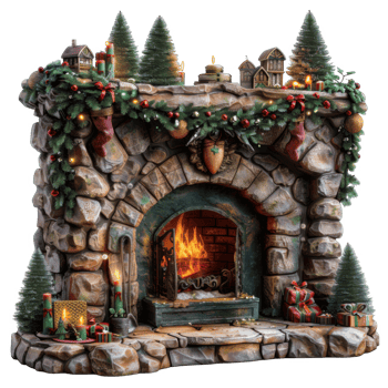 Stone Fireplace Decorated with Christmas Ornaments and a Burning Fire png