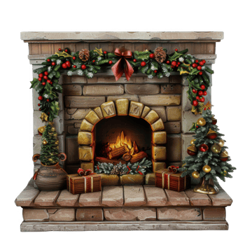 Festive Christmas Fireplace with Burning Fire and Decorated Trees png