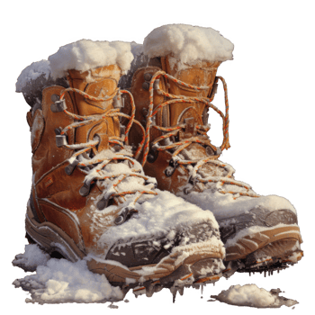 Snow-Covered Hiking Boots with Icicles Hanging from the Sole png