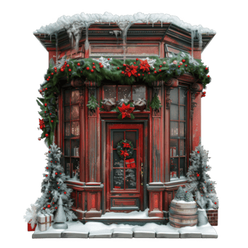 Festive Red Storefront with Icicles and Christmas Decor png