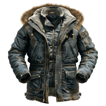 Worn Blue and Brown Winter Parka Jacket with Fur Hood png