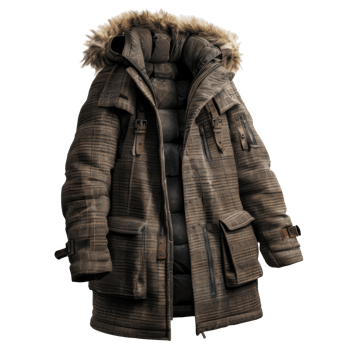 Brown Plaid Winter Parka with Fur Hood and Leather Straps png