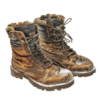 Worn Brown Leather Boots with Snow and Fur png