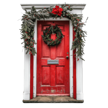 Red Door Decorated with Christmas Wreath and Garland png