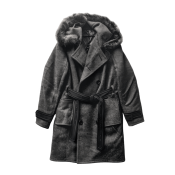 Gray Double-Breasted Coat with Fur Hood and Black Belt png