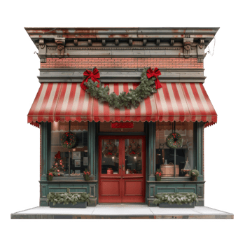 Festive Storefront with Red Awning and Christmas Decorations png