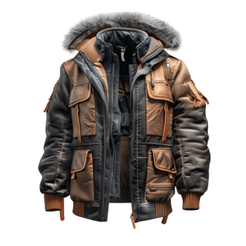 A Brown and Blue Winter Jacket with a Fur-Lined Hood png