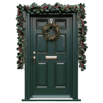 A Green Door Adorned with Christmas Garland and Wreath png