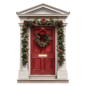Festive Christmas Decor Adorns a Traditional Red Doorway png