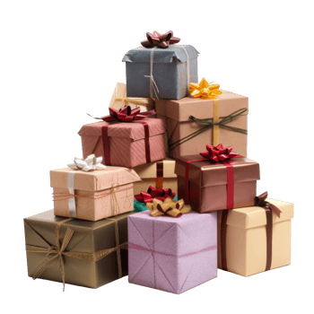 Stack of Wrapped Gifts with Various Colored Ribbons and Bows png