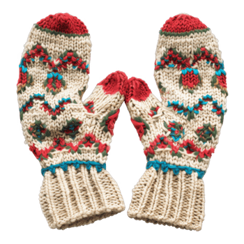Pair of White Knit Mittens with Red, Blue, and Green Floral Pattern png