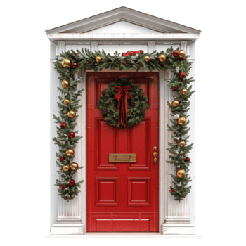 Red Door Decorated with Christmas Wreath and Garland png
