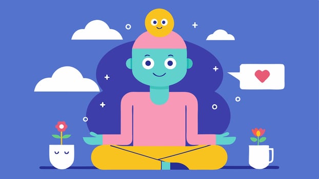 Mindfulness and Mental Health An illustration of AI supporting mental wellness showing a user engaging in mindfulness practices with an animated AI character providing. vector