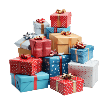 A Stack of Wrapped Gifts with Various Patterns and Ribbons png