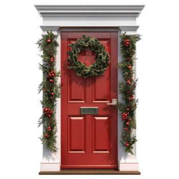 Festive Red Door Decorated with Christmas Wreath and Garland png