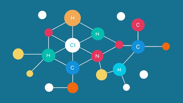 Molecular Structure A stylized molecular structure with labeled atoms depicting the complexity and importance of biomarkers in diagnostics.. vector