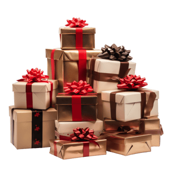 A Pile of Wrapped Gifts with Red and Brown Ribbons png
