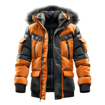 Orange and Black Puffer Jacket with Fur Hood png