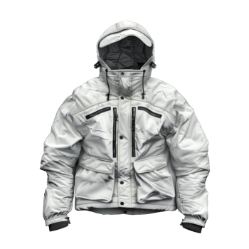 White hooded jacket with multiple pockets and a zipper closure. png