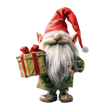 A Festive Gnome Holding a Gift Wrapped in Red and Gold png