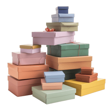 Stack of Colorful Gift Boxes with Red Ribbon png