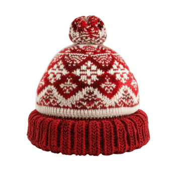 Red and White Knitted Winter Hat with Pom Pom png