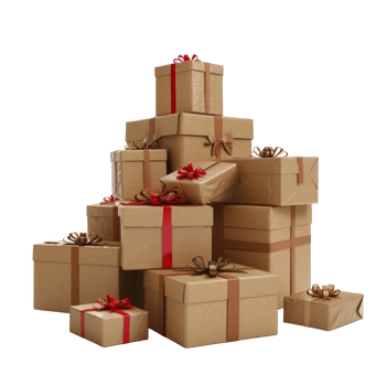 Stack of Brown Gift Boxes with Red and Gold Ribbons png