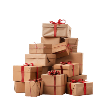 Stack of Brown Gift Boxes with Red Ribbons png