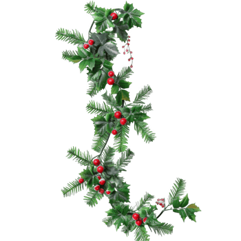 Green Holly and Fir Garland with Red Berries png