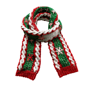 Red, Green, and White Knitted Scarf with Snowflake Design png