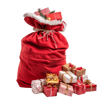 Red Santa Bag Overflowing with Wrapped Christmas Presents png