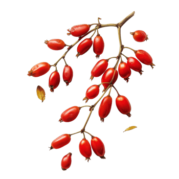 A Branch of Red Rose Hips with Green Stems and Fallen Leaves on a Black Background png