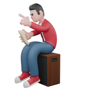 3D Male Vocalist Cartoon Design. A male singer sits on a speaker holding a paper in his right hand and his left hand pointing up. 3D Vocal Artist png