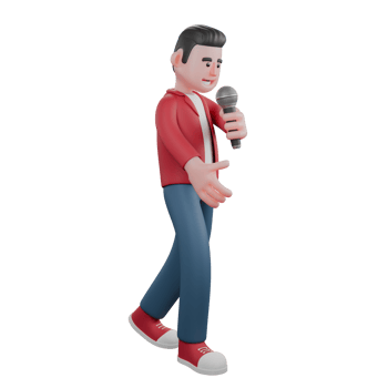 3D Character of Singing Star. A male singer walks holding a mic in his left hand with a happy expression. Music Artist png
