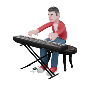 Singing Star 3D Model. A male singer sits behind an organ playing it with a happy expression. 3D Music Icon png