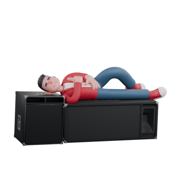 Singing Character in 3D. A male singer lies on a speaker with his hands on his body and his eyes closed. Music Performer png