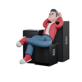 3D Vocal Artist Model. A male singer sits on a speaker with both hands behind his head with a relaxed expression. Entertainment Star png