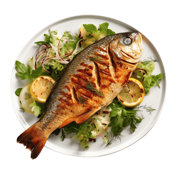 Grilled fish on a plate isolated on transparent background png