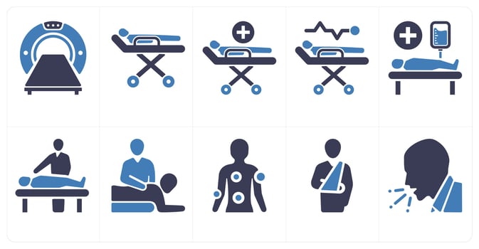 A set of 10 medical icons as computer tomography, stretcher, medical treatment vector