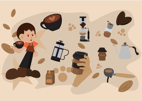 Character with Set of Coffee Making Tools and coffee beans vector