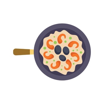 Frying pan containing delicious paella with shrimps and olives vector