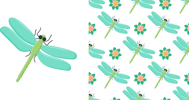 Dragonfly colorful seamless pattern. Repeating dress textile print with damselfly insects. Close up water dragonfly ornament. Fauna beings seamless. Damselfly silhouettes. vector