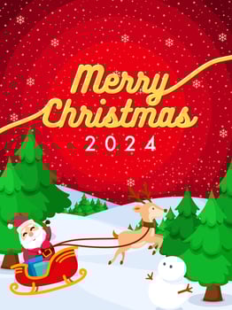 Christmas 2024 Greeting Card Poster design features Santa on a sleigh, reindeer, snowman, and festive trees under snowy skies landscape. vector