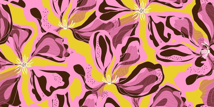 a pink and brown floral pattern on a yellow background vector