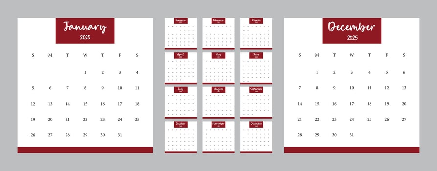 Calendar 2025 planner corporate template design set. Week starts on Sunday. calendar set for 2025 vector
